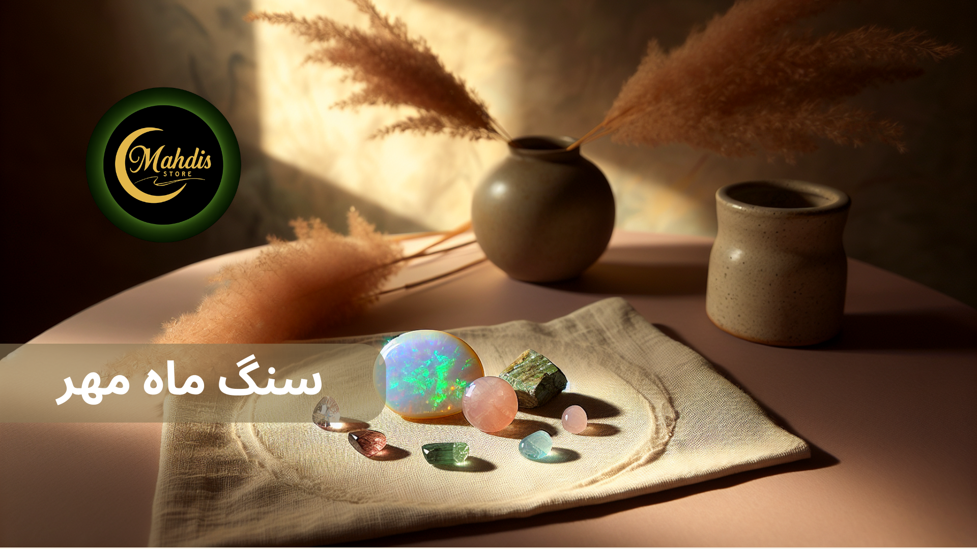 سنگ ماه تولد مهر شامل جاسپر، رز کوارتز، اونتورین، تورمالین، فیروزه، فلورین، عقیق سلیمانی و حدید