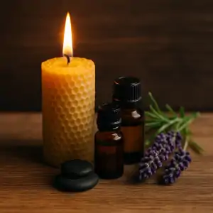 شمع دستساز طبیعی روشن روی میز چوبی در خانه